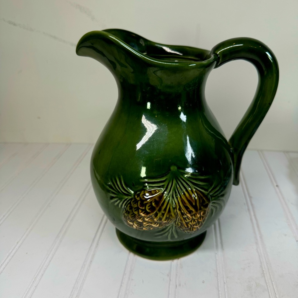 Majolica Vintage Green Pinecone ceramic pitcher